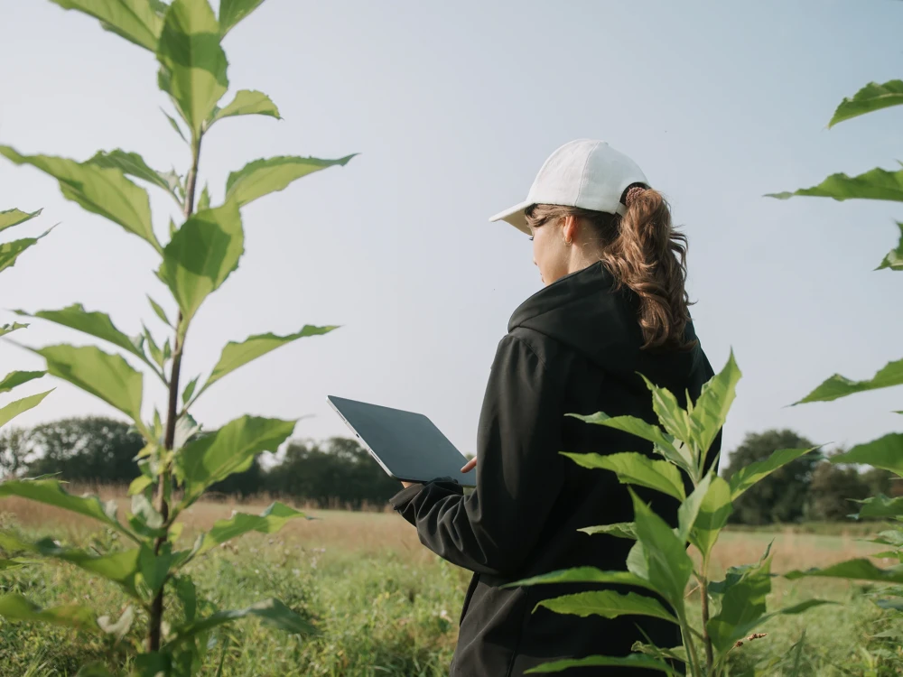 Frau in einem Feld, die eine Kappe trägt und eine Mappe hält