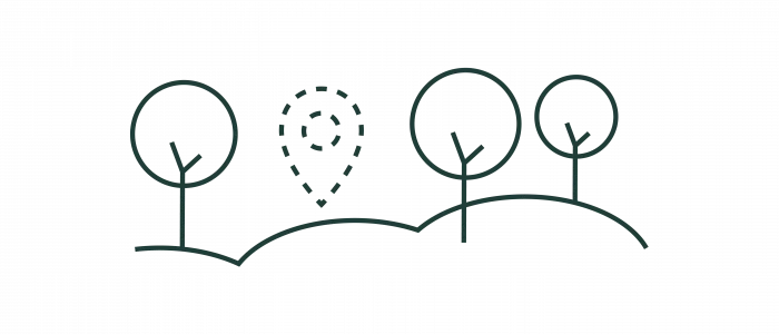 Simple line drawing of three trees and a dotted oval shape in the middle on a white background