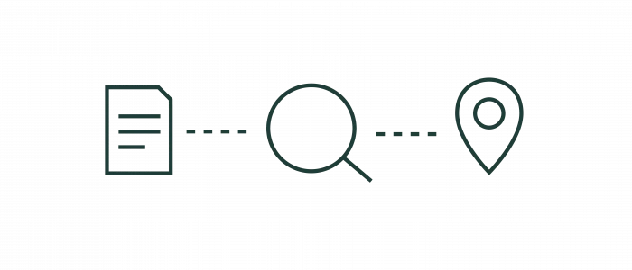 Series of icons including a document, a magnifying glass, and a location marker connected by dotted lines
