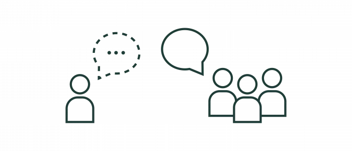 Graphic representation of communication between an individual and a group, symbolizing thoughts and speech