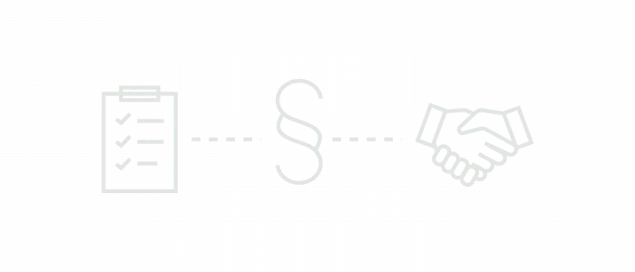 Graphic representation of a checklist and a handshake connected by a dotted line