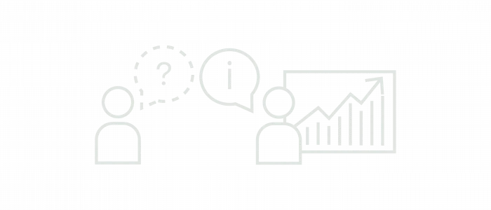 Two stylized people with speech bubbles, one with a question mark and the other with an exclamation mark and a chart showing growth