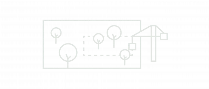 Schematic representation of a construction plan with trees and a crane
