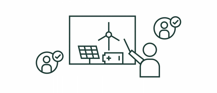 Graphic representation of a person giving a presentation on renewable energy sources including wind and solar power