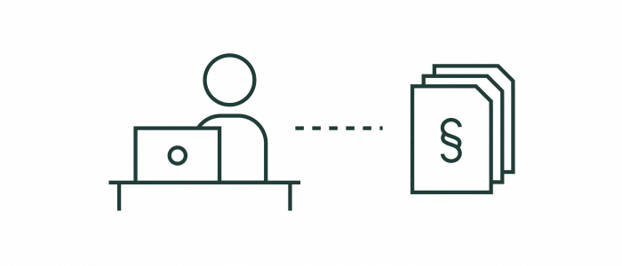 Grafik einer Person am Laptop, die durch gestrichelte Linie mit einem Stapel von Dokumenten mit Dollarzeichen verbunden ist