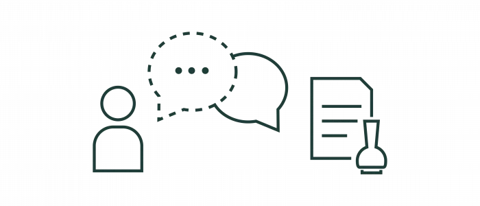 Grafik mit einer Person, die eine Sprechblase und ein Dokument mit einem Fläschchen-Symbol verbindet