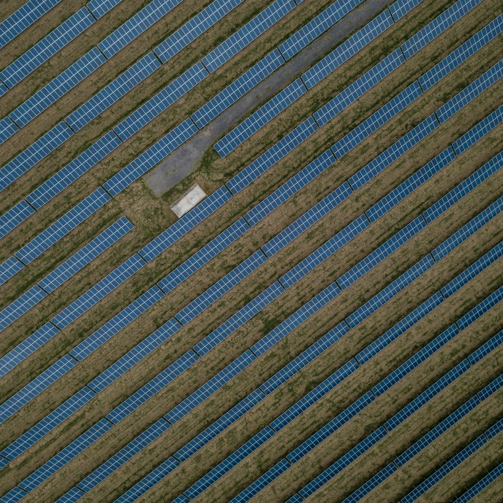 Luftaufnahme eines Solarparks mit zahlreichen blauen Solarmodulen in parallelen Reihen