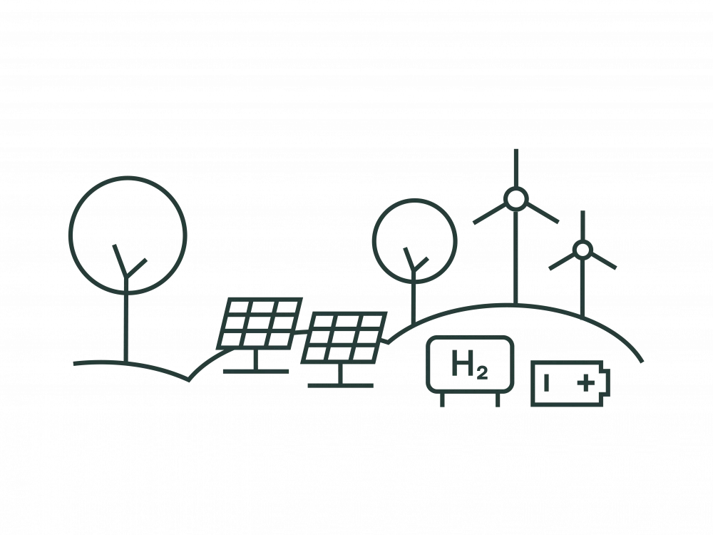 Einfache grafische Darstellung einer umweltfreundlichen Energiequelle mit Solarzellen, Wasserstofftank und Windkraftanlagen