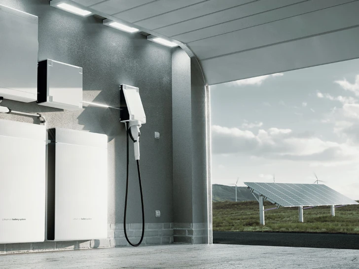 Moderne Elektrofahrzeug-Ladestation mit Solarmodulen und Windrädern im Hintergrund