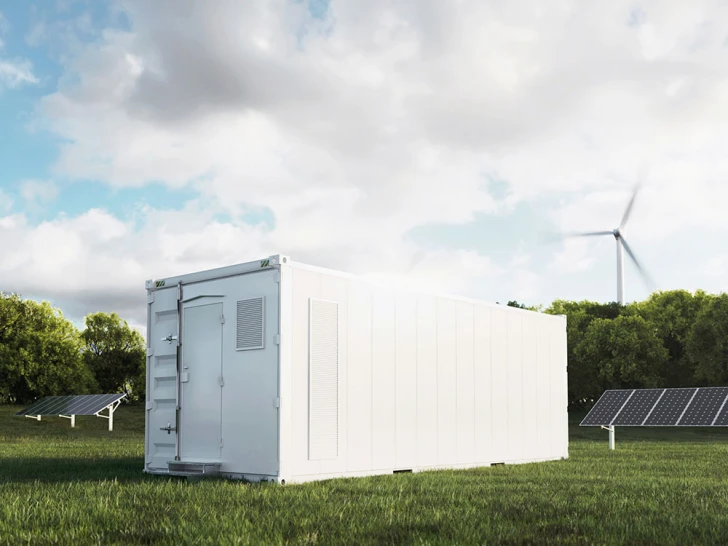 Großer weißer Container im Grasfeld mit Solarmodulen und Windturbine im Hintergrund