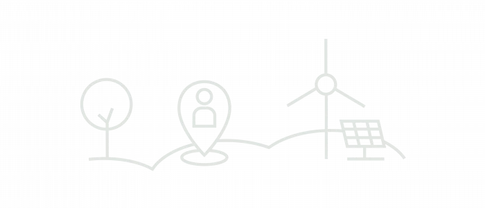 Lineare Grafik mit einem Baum, einem Standortmarker, einer Windturbine und einem Solarmodul