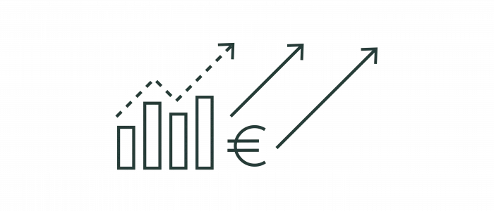 Symbolische Darstellung eines Wachstumsdiagramms mit Balken und einem Euro-Symbol, verbunden durch Pfeile, die nach oben zeigen