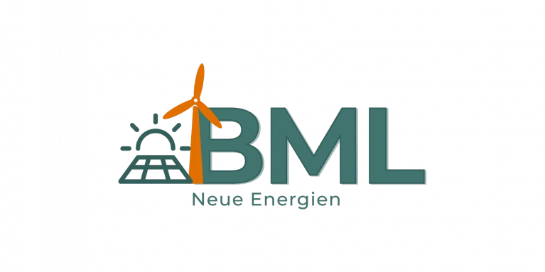 BML Neue Energien logo featuring a wind turbine, rising sun, and stylized power plant