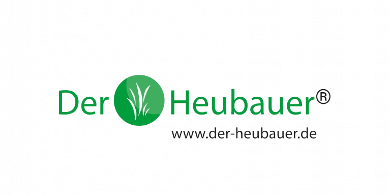 Logo of Der Heubauer featuring a green circle with a grass symbol, next to the text 'Der Heubauer®' and the website 'www.der-heubauer.de'
