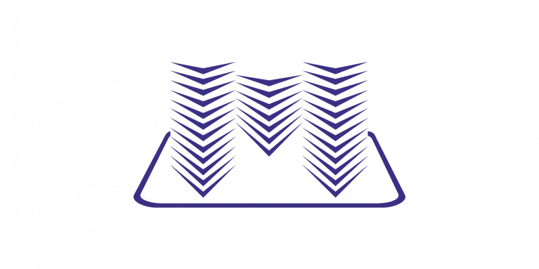 Graphic icon with multiple blue abstract arrows in V-shape pointing downwards