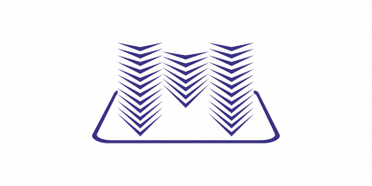 Grafisches Symbol mit mehreren blauen, abstrakten Pfeilen in V-Form, die nach unten zeigen