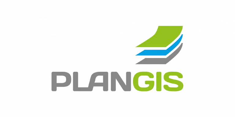 PlanGIS logo with stylized blue and green layers and the name in gray