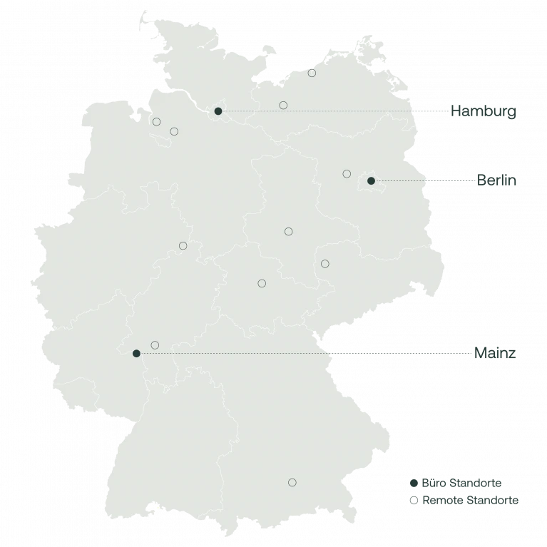 Karte von Deutschland mit markierten Büro- und Remote-Standorten in Hamburg, Berlin und Mainz