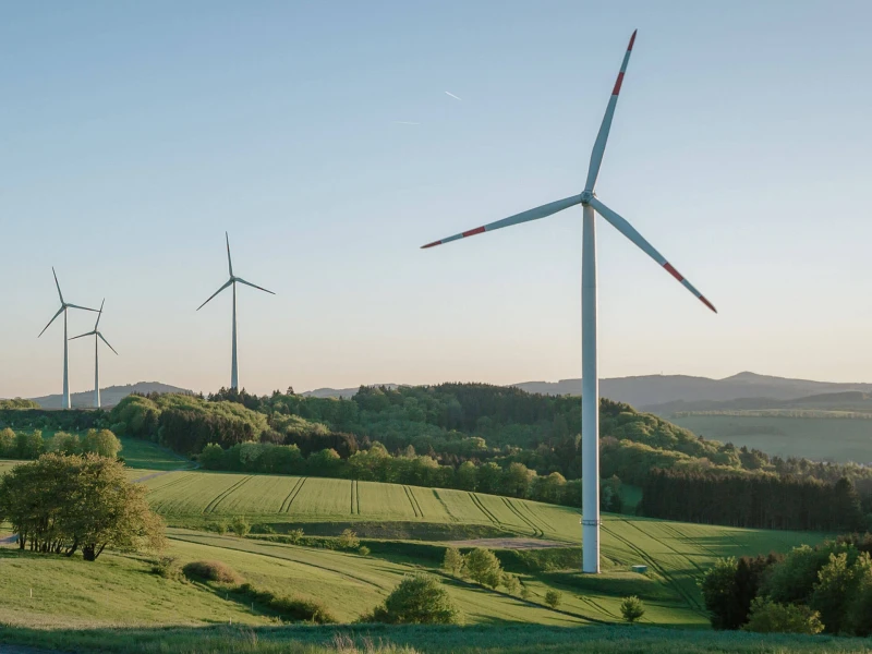 Windkraftanlagen auf grünen Hügeln bei Sonnenuntergang