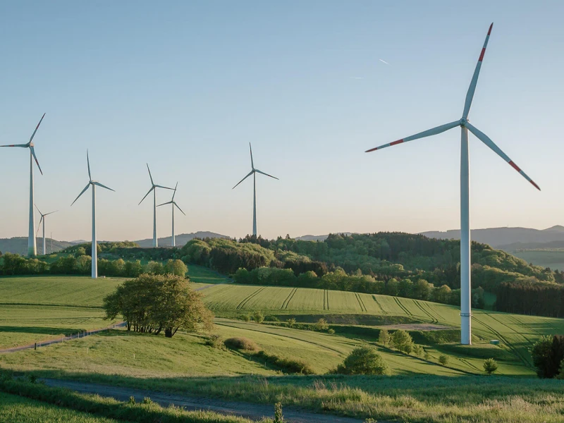 Landschaft mit Windkraftanlagen auf grünen Hügeln bei Tageslicht