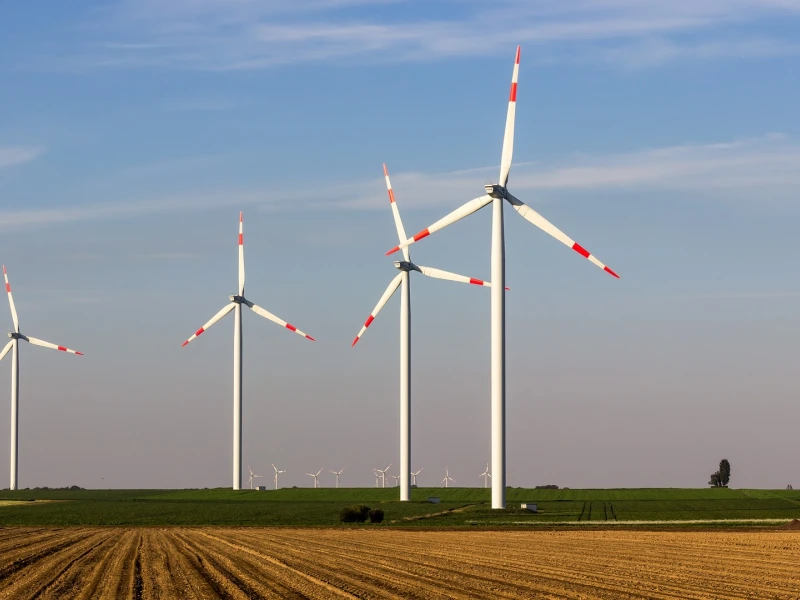 Three wind turbines on a harvested field under a blue sky