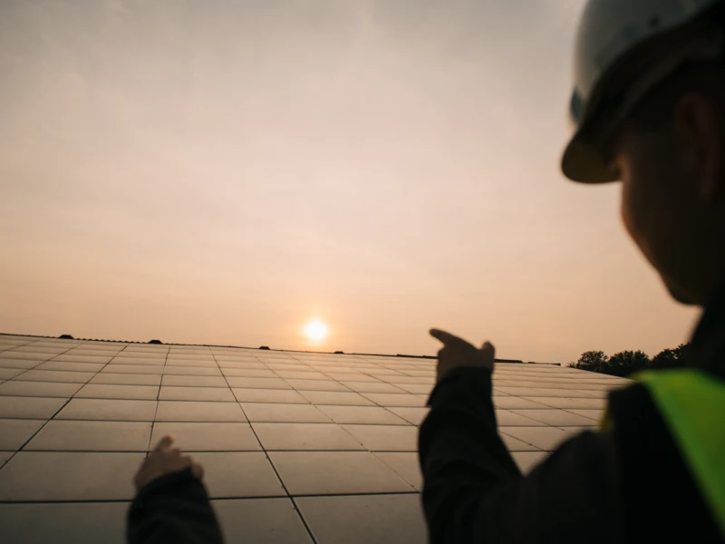 Engineer in safety gear pointing at solar panels at sunset