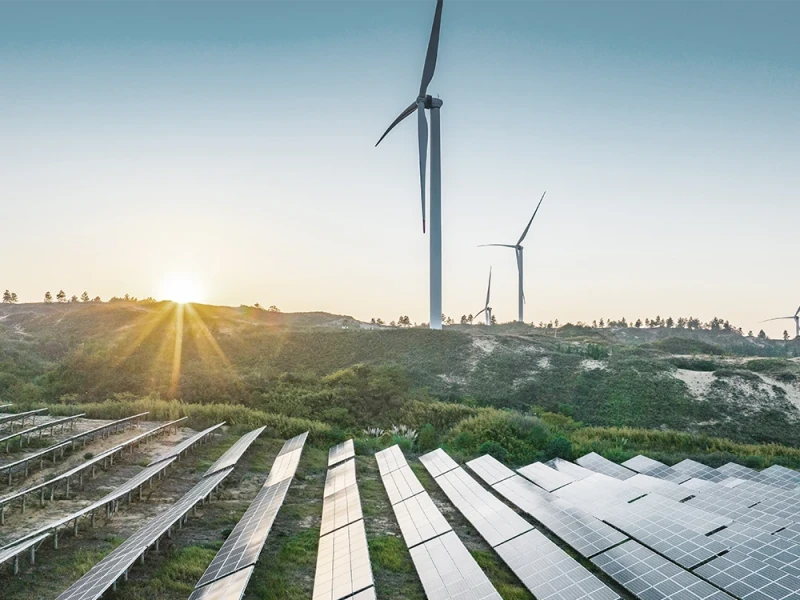 Sonnenuntergang über einem erneuerbaren Energiepark mit Solarpaneelen im Vordergrund und Windturbinen im Hintergrund